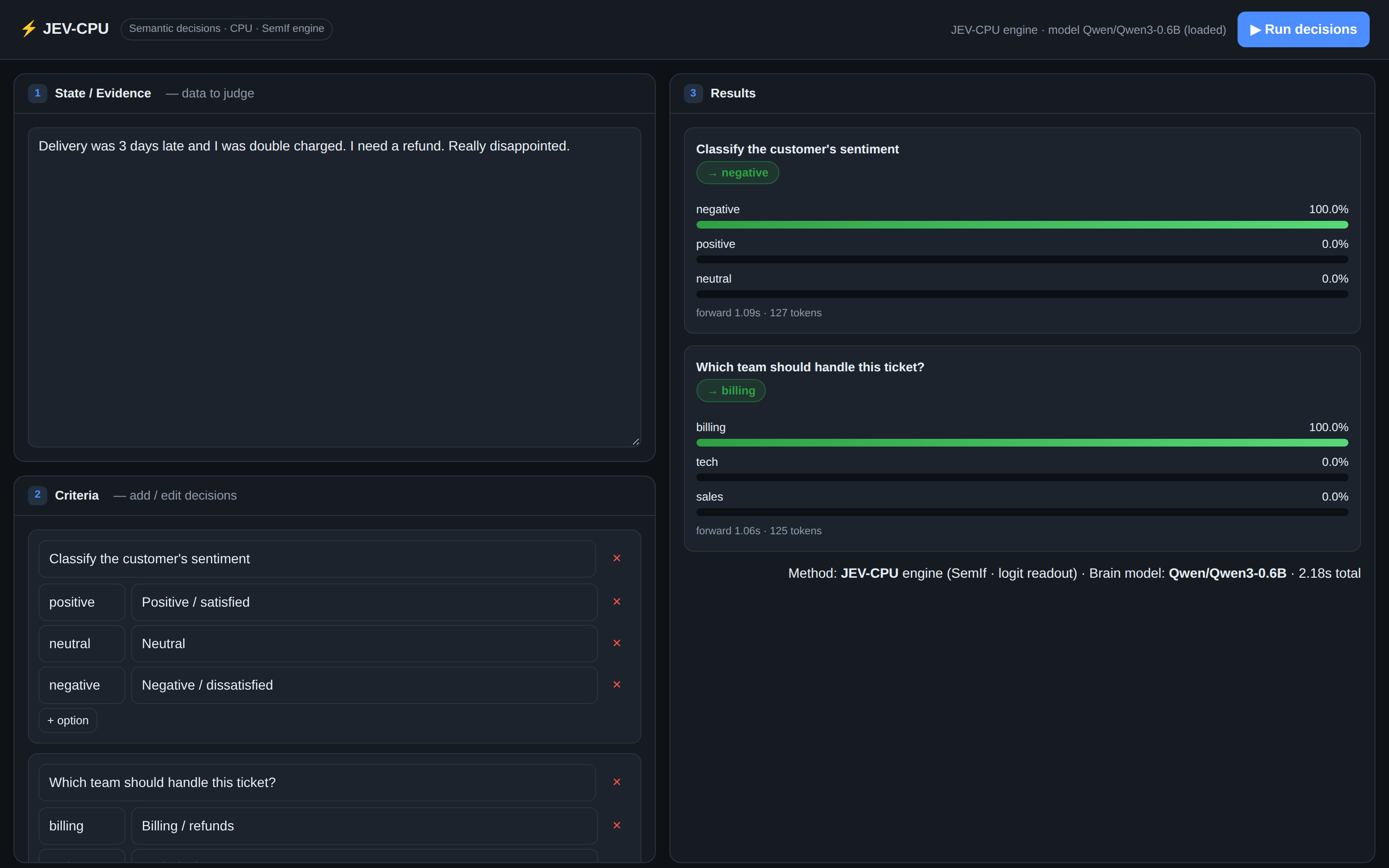 JEV-CPU web UI — state (top-left), criteria (bottom-left), results (right)